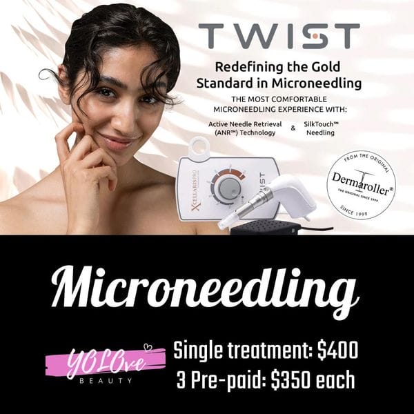 At YOLOve Beauty in Dartmouth, NS, a woman with curly hair smiles while holding a microneedling device. The text reads: "YOLOve - Elevating Microneedling Excellence," showcasing our innovative SilkTouch+ and ANR technology. Pricing details: individual treatment is $400, or enjoy savings with a 3 pre-paid package for $350 each.