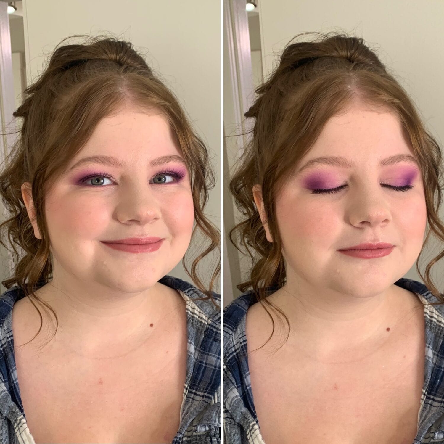 Stunning purple eyeshadow makeup transformation at YOLOve beauty salon in Dartmouth - before and after