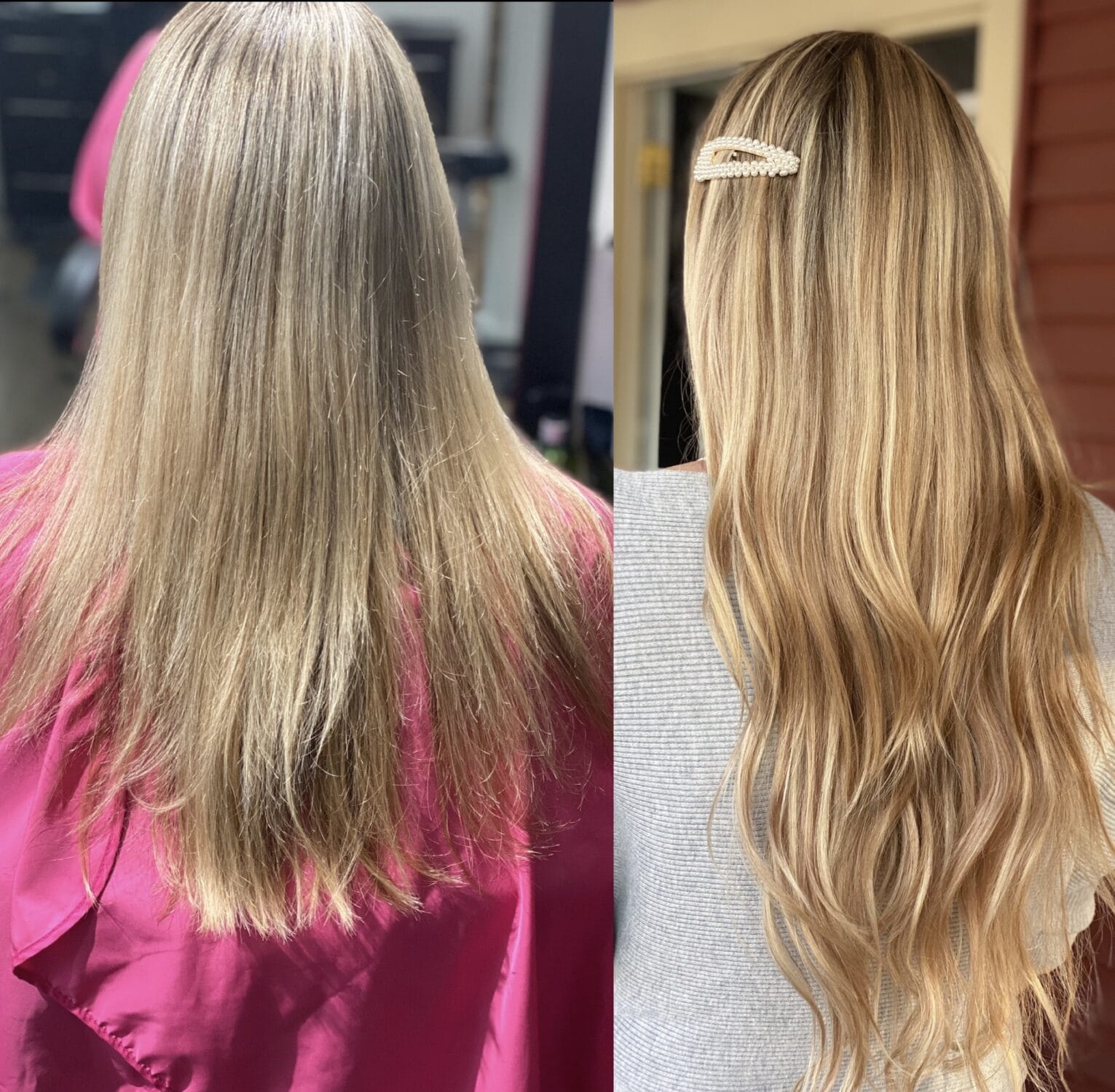 Stunning blonde hair transformation before and after at YOLOve beauty salon in Dartmouth Nova Scotia