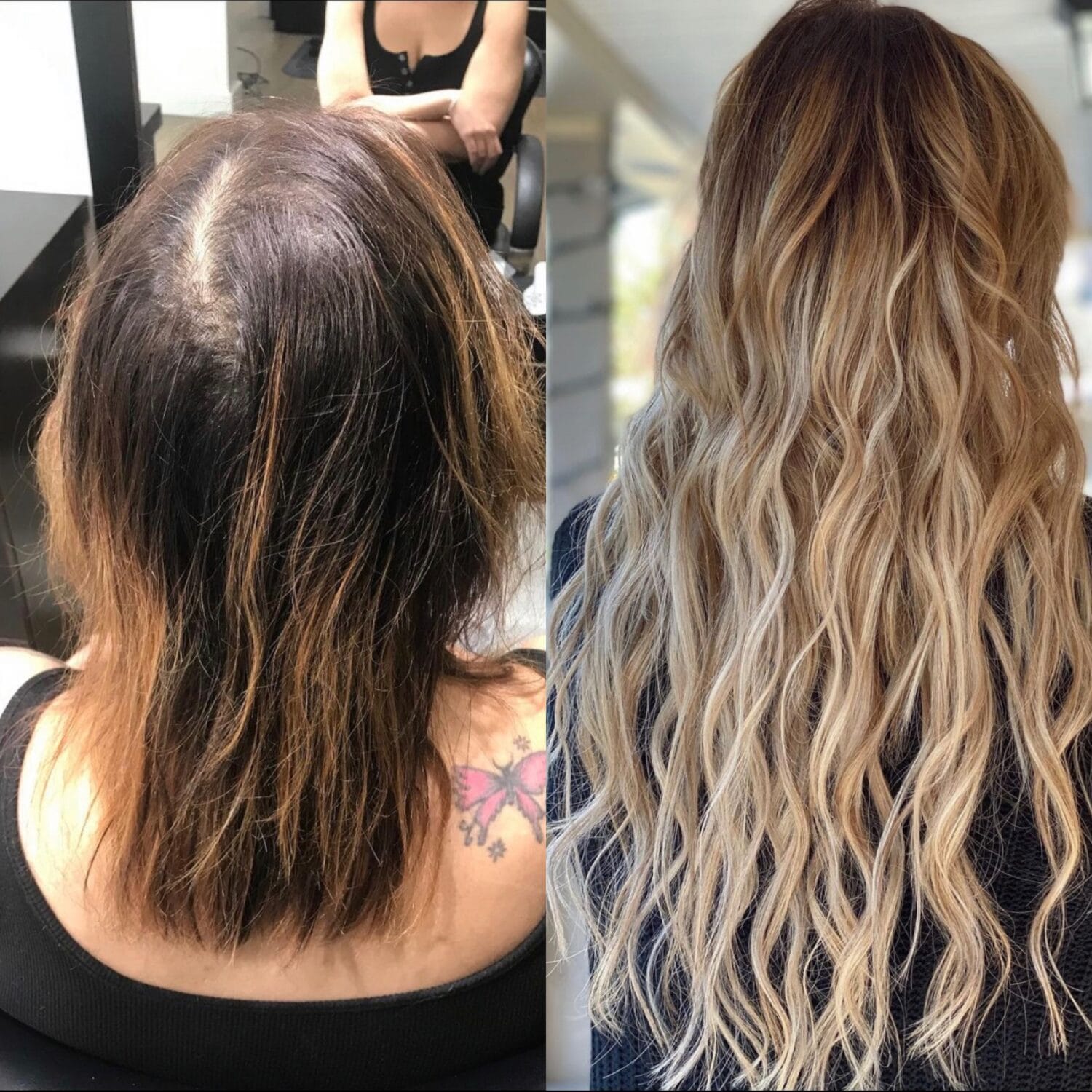 Stunning hair transformation before and after at YOLOve beauty salon - dark hair to gorgeous blonde balayage waves