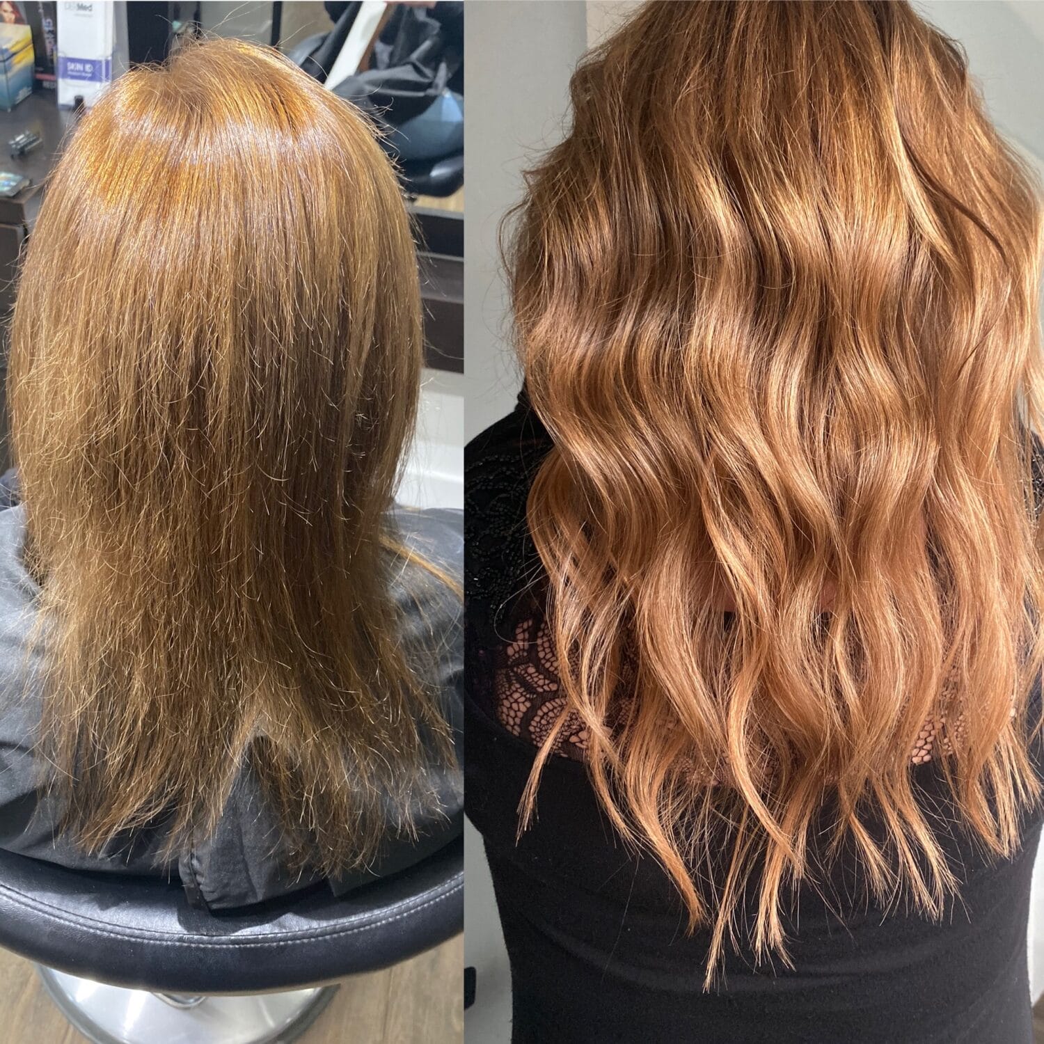 Stunning hair transformation before and after at YOLOve beauty salon showing rich caramel balayage highlights