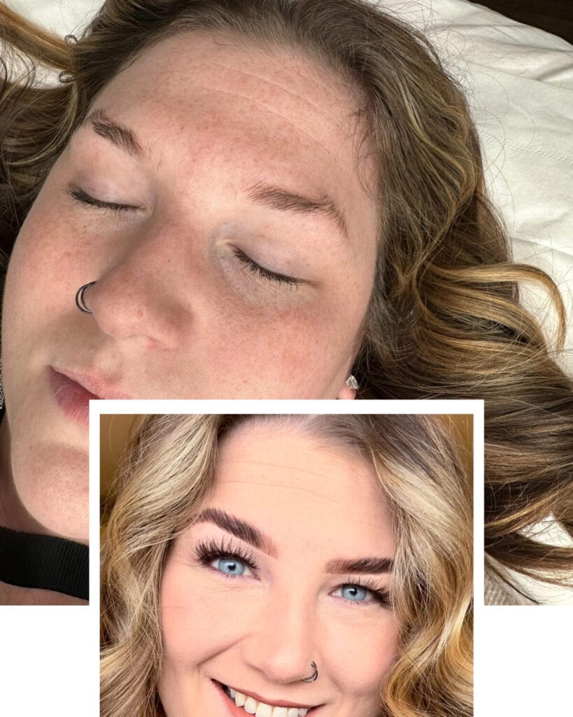 Professional eyebrow transformation before and after at YOLOve beauty salon in Dartmouth Nova Scotia