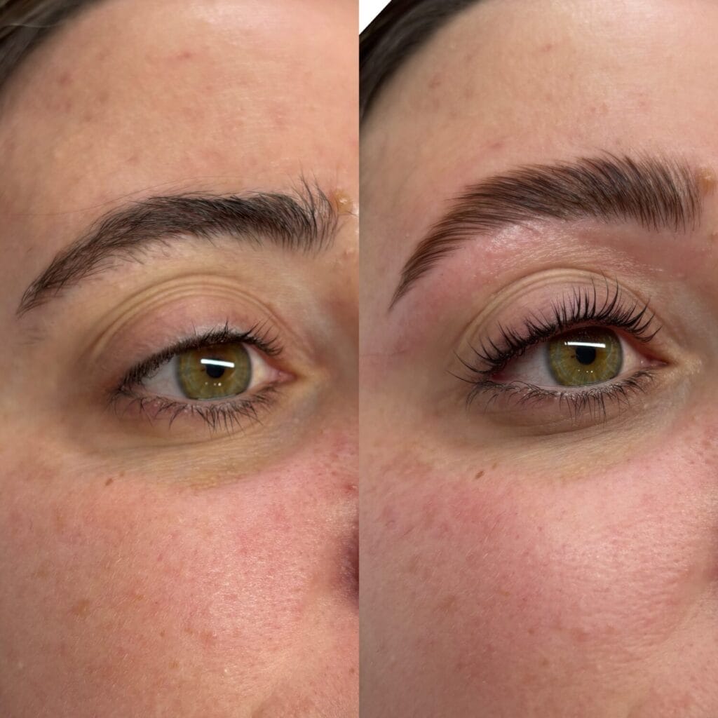 Before and after eyebrow lamination treatment showing dramatic brow transformation at YOLOve beauty salon
