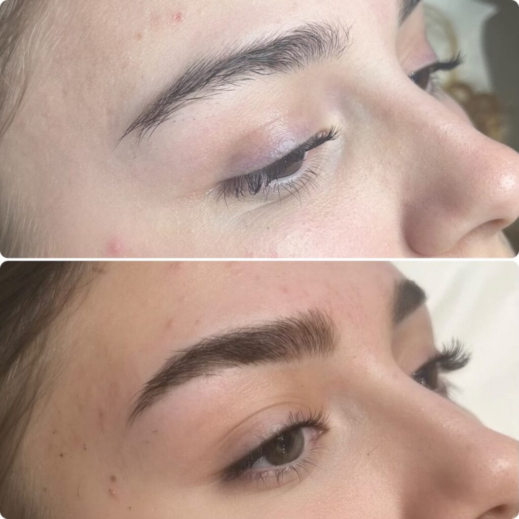 Professional eyebrow shaping before and after transformation at YOLOve beauty salon in Dartmouth Nova Scotia