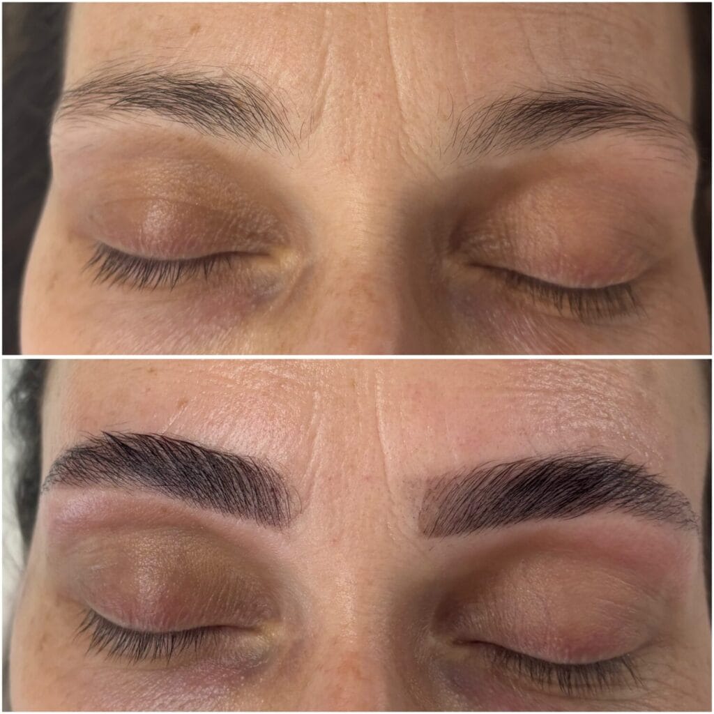 Before and after eyebrow microblading transformation at YOLOve beauty salon in Dartmouth Nova Scotia