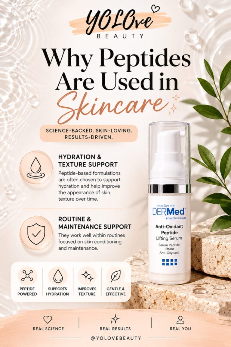 YOLOve Beauty peptide skincare guide featuring DERMed Anti-Oxidant Peptide Lifting Serum with spa styling