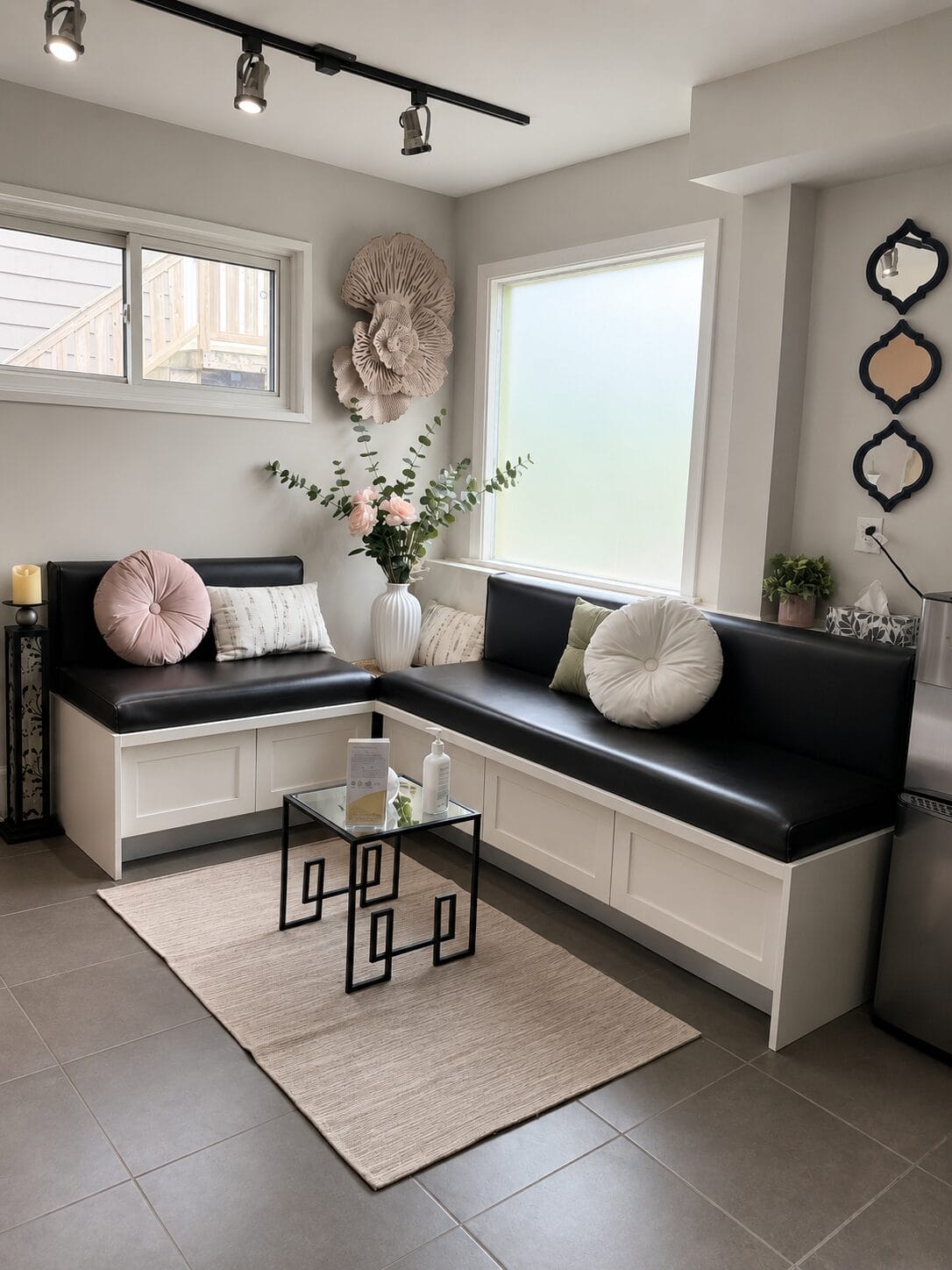Elegant spa waiting area at YOLOve beauty salon with cozy black leather banquette seating and modern decor