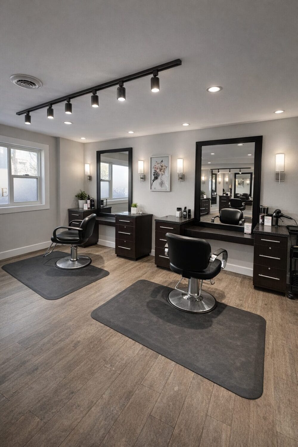 Modern salon interior with two black styling chairs, mirrors, and elegant lighting at YOLOve beauty spa Dartmouth