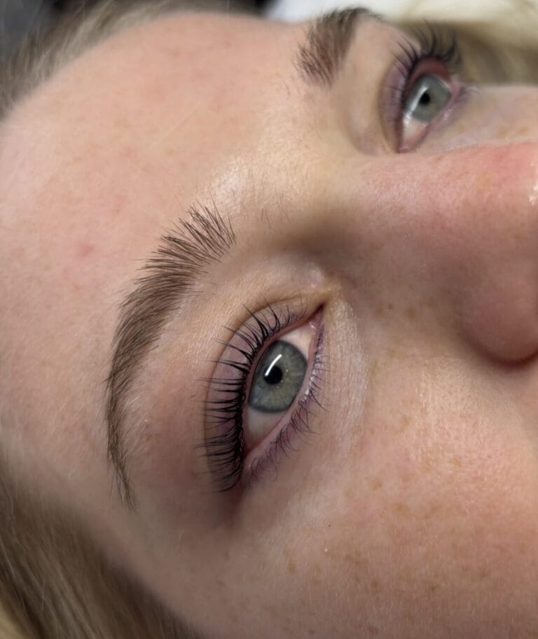 Beautiful eyelash extensions and brow lamination results at YOLOve beauty salon in Dartmouth Nova Scotia