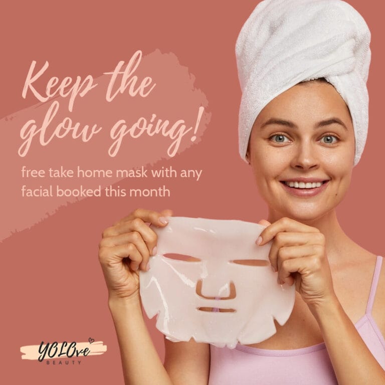 Smiling woman with hair towel holding facial mask at YOLOve Beauty spa Dartmouth Nova Scotia skincare promotion